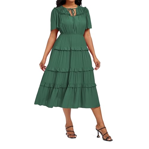Image of Women's Short Sleeve Summer Boho Pleated Rayon Mid Dresses with Pockets for Wedding Guest
