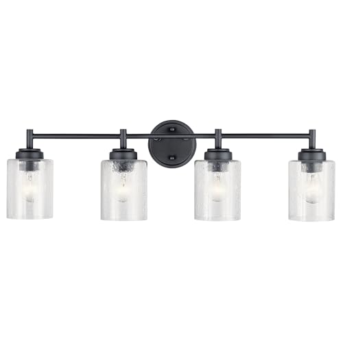 Image of Kichler Winslow 30 inch 4-Light Bathroom Vanity Light Fixture with Clear Seeded Glass in Black, Modern Industrial Style for Bathroom and Powder Room, (30 inch x 9.25 inch x 6.5 inch), 45887BK