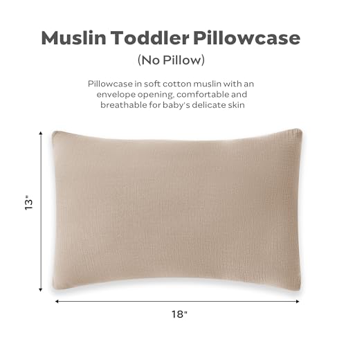Image of JELLYMONI 2 Pack Muslin Toddler Pillowcase for 13x18 Pillow, 100% Cotton Baby Pillow Case Cover for Bed, Toddler Cot and Travel, Soft & Breathable Baby Kids Envelope Pillowcase, No Pillow