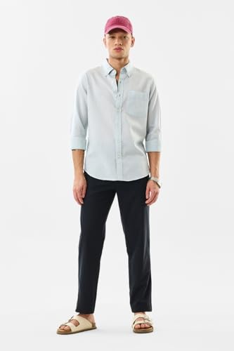 Image of SNITCH Men Casual Trousers | Slim Fit Mid Rise Textured Design | Cotton Linen Blend & Breathable Fabric for Summer & Street Wear
