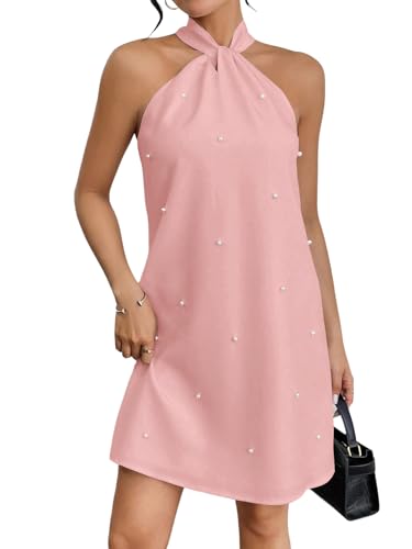 Image of Floerns Women's Pearl Beaded Halter Twist Sleeveless Tie Back Dress A Line Dress