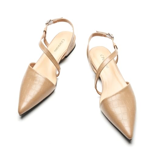 C.Paravano Women's Slingback Flats with S-Curve Strap - Crocodile-Embossed Pointed Toe Slip-On Shoes | Adjustable Back Comfortable Flat Sandals 5.5 Off-white