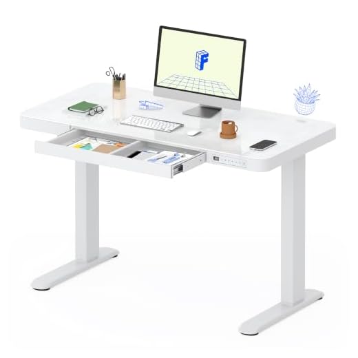 FLEXISPOT EG8 Glass Electric Standing Desk with Drawers Charging USB Port, 48" Adjustable Stand Up Desk Quick Install Home Office Computer Table With Storage (Tempered Glass + White Frame, 2 Packages)