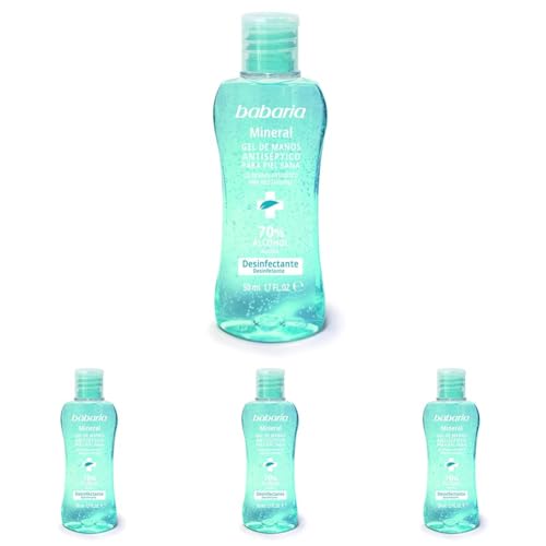 Babaria - Gel Hidroalcoholico Manos Mineral, Gel Hidroalcoholico Para El Bolso, Spray Desinfectante, Ácido hialurónico, Zinz y Magnesio, 50ml (Paquete de 4)