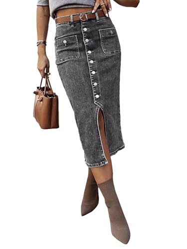 Flamingals Denim Skirt for Women Midi Skirts High Waist Vintage Button Front Stretch Long Jean Skirt Fall Fashion Grey XL