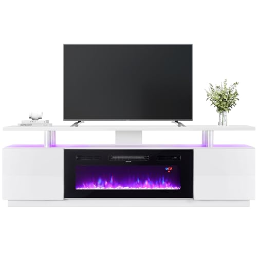 INMOZATA Electric Fire, Entertainment Center Console Table with Fireplace, 12Colors Realistic Flame Effect & 12Colors Moon Lights, Remote Control&Overheat Protection, 36 Fireplace, for 78 TV, White