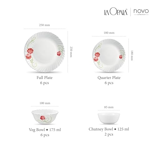 Image of La Opala Novo Collection Opal Glass Crockery | for Family of 6 | Dinner Set 20 pcs Dainty Swirls | Plates & Bowls for Dining | Microwave Safe | 100% Vegetarian | Extra Strong | Light & White