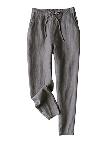IXIMO Women's Tapered Pants 100% Linen Drawstring Back Elastic