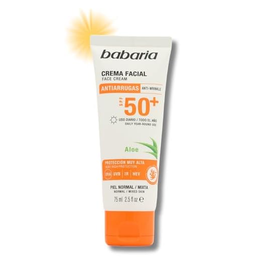 Babaria - Crema Solar Facial SPF50+ UVA-UVB e Infrarrojos, Contiene Aloe Vera, Anti-Envejecimiento y Antipolución, para Uso Facial y Escote, Resistente al Agua, Vegano, Unisex - 75 ml