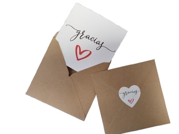 TODOKRAFT Tarjetas de agradecimiento en español ¨Gracias¨con 5 sobres kraft, 10 etiquetas adhesivas con forma de corazón