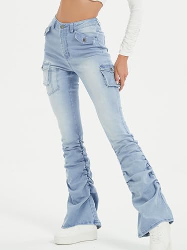 Women's Stacked Flare Jeans Mid Rise Denim Bootcut Stretchy Denim Cargo Pants Trousers with Pockets3