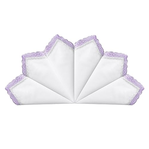 HOULIFE Ladies Handkerchiefs with Lace, Soft Cotton White Handkerchiefs with Lace Edge for Women Female Embroidery (6, Purple)