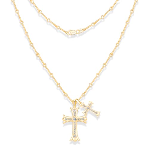 Double Moissanite Cross Necklace for Women or Men, Diamond Cross Necklace, 14K Yellow Gold Plated S925 Sterling Silver Cross Pendant Necklaces for Father's Day (Gold)