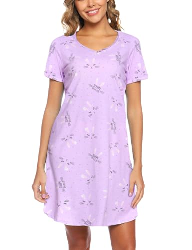 Image of ENJOYNIGHT Womens Cotton Nightgown Short Sleeve Sleepshirt Print Nightshirt | Short-Sleeve Crew Neck, Soft Cotton Fabric, Cartoon Printed Sleep Shirt, Loose Fit
