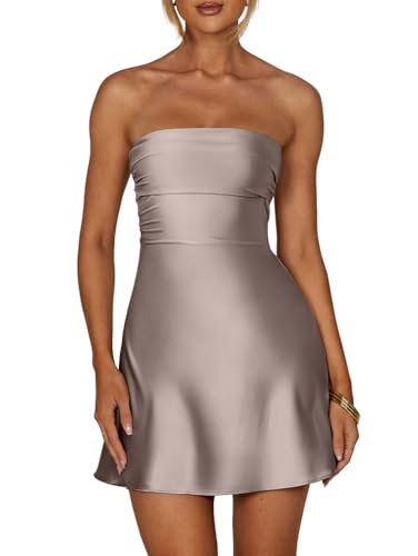 Image of XXTAXN Women's Sexy Tube Strapless Ruched A Line Wedding Guest Cocktail Satin Mini Dress
