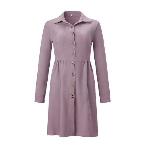 Cordkleid Damen Knielang - Elegante Kleider Damen Cord Shirtkleid Langarm Button Down Hemdkleid Lose A-Linie Skaterkleid Reverskragen Hemdblusenkleid...