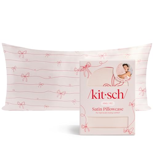 Image of Kitsch Satin Pillowcase with Zipper - King Size, Striped Bows | Softer Than Silk Pillow Cases, Smooth Cooling Satin Pillow Case for Hair and Skin, Wrinkle-Free, Machine Washable