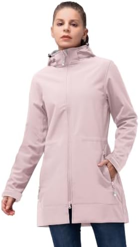 33,000ft Softshelljacke Damen Lange Übergangsjacke Leicht Softshellmantel | Wasserdicht Windbreaker, Frauen Warme Fleecejacke, 2-Wege Reißverschluss, Winddicht Wanderjacke mit Abne