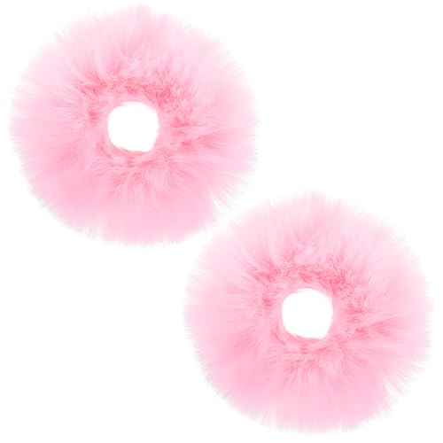 2 gomas para el pelo con pompones rosa, coleteros de pelo sintético de conejo, accesorios para coletas de bebé y cabello (rosa)