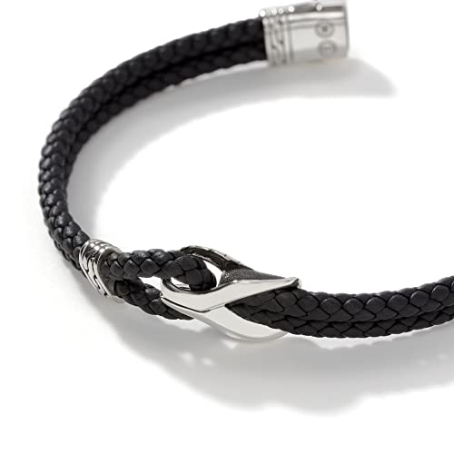 John Hardy Men's Asli Classic Chain Link Silver Bracelet On 4Mm Black Leather Cord With Pusher Clasp, Size L #TOP1
