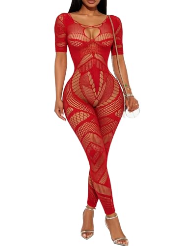 Buitifo Sexy Bodystocking Femmes Bas de Lingerie Nightwear Fishnet Bodys Nuisettes(rouge dzj,Taille unique)