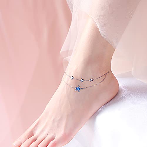 Flyow Anklet For Women 925 Sterling Silver Sea Turtle Starfish Adjustable Beach Ocean Animal Foot Chain Ankle Bracelet Gift For Women (Turtle Ankle Bracelet) #TOP1