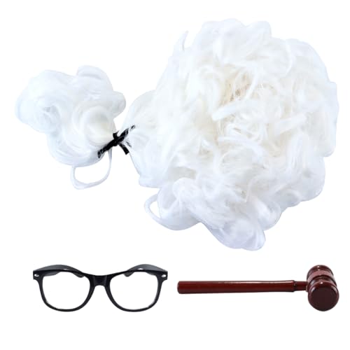 Gutol Accessoires de costume de juge 3 pièces, marteau en bois, lunettes noires et perruques avec tresse, perruque d'avocat pour gentleman cosplay (blanc)