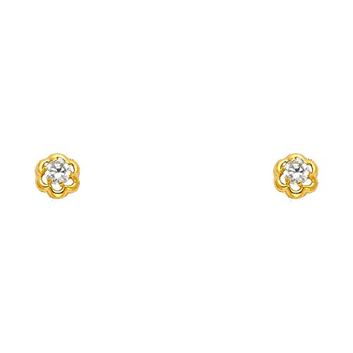 14k REAL Yellow Gold Flower CZ Stud Earrings with Screw Back2
