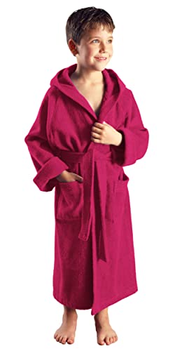 Arus Kinder-Bademantel mit Kapuze für Jungen und Mädchen, 100% Baumwolle Frottee, lang, Himbeere, 128