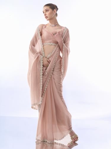 Image of ORHANS Women's Chiffon Saree with Unstitched Blouse Piece Solid Pattern and Laced Border | Lightweight Sarees for Woman | Plain Saris Daily Use | Womens Saree Modern Pattern| Stylish Saree