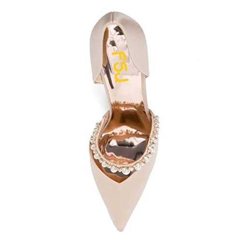 FSJ Women Closed Pointed Toe Stilettos Heels Dress Pumps D'Orsay Sparkly Rhinestones Pearls Slip On Bridal Wedding Evening Party Shoes Size 4-15 US4