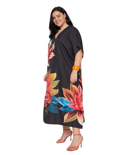 Image of Gypsie Blu Women Plus Size Kaftan Dress Beach Cover Up Maxi Dresses for Women, V-Neck Kimono Sleeve 1X-3X