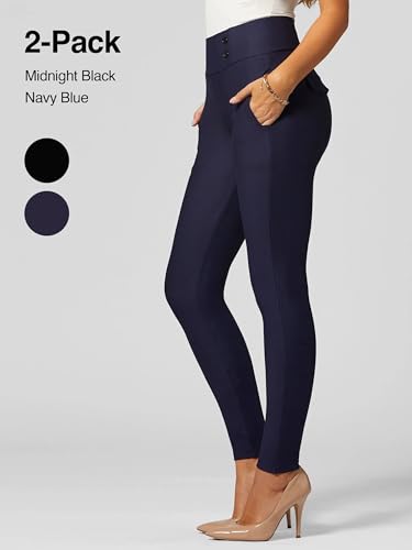 Conceited 2-Pack Stretch Slacks for Women - Wear to Work - Slim Leg Dress Pants with Pockets - Black, Navy - (Medium)3