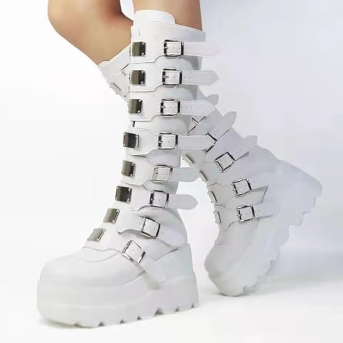 Women Goth Platform Knee High Boots Wedge Punk Combat Mid Calf Boots - 1