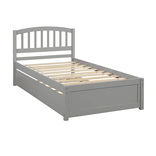 SOFTSEA Twin Platform Bed Frame with Trundle and Headboard, Wood Platform Bed with Trundle and Headboard,Twin Pull Out Trundle Bed Frame for Kids Teens