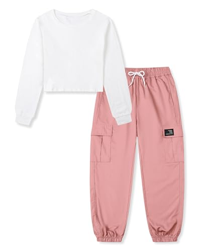 Image of Betusline Girls Fall Winter Clothing Sets, Long Sleeve Crop Top & Cargo Jogger Pants 2 Piece Outfit Sets,4T-14Y
