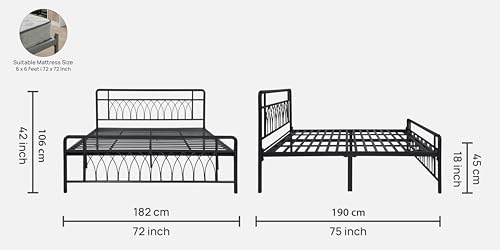 Image of Jexx Metal King Size Bed Without Storage | Wrought Iron Double Bed with Headboard & Footboard | Sturdy Powder Coated Platform Bed King Size Cot for BedroomLivingRoom Black (75x72)