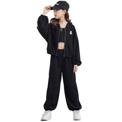 linboo Jogginganzug Mädchen Kleidung 3 Teilig Sportanzug (Sweatjacke+Sporthose+Crop Top) Hip Hop Outfit für Kinder Mädchen, Schwarz, 134-140 linboo Jogginganzug Mädchen Kleidung 3 Teilig Sportanzug (Sweatjacke+Sporthose+Crop Top) Hip Hop Outfit für Kinder Mädchen, Schwarz, 134-140
