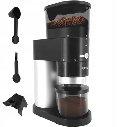 Yoer Mulino BCG01BK, Elektrische Kaffeemühle 150W, Scheibenmahlwerk, automatisch, 43 Mahlstufen, kegelförmig, aus Stahl, schwarz