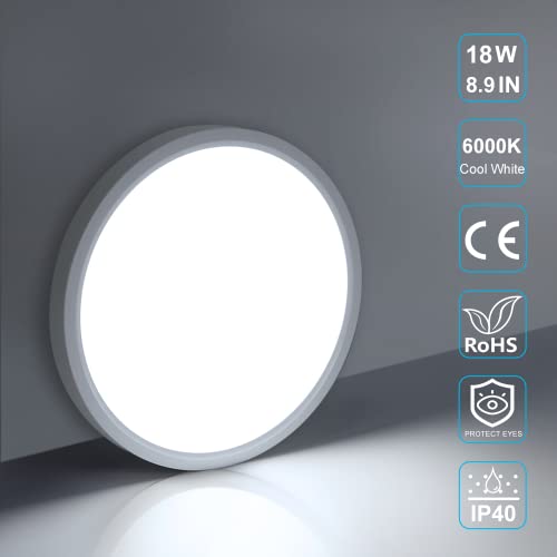 LightingWill 8.9 Inch LED Flush Mount Ceiling Light Fixture, 6000K Cool White, 1800LM, 18W, Flat Modern Round Lighting Fixture, 180W Equivalent White Ceiling Lamp for Kitchens, Bedrooms.etc.