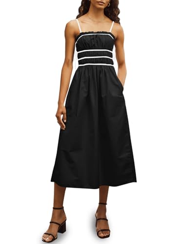 Wenrine Women Summer Spaghetti Strap Dress Sleeveless Tie Smocked Sundress A Line Vacation Beach Midi Dresses