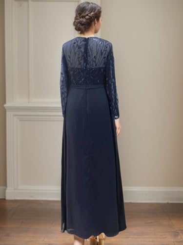 OFEYCHUN Long Sleeve Mother of The Bride Dresses Chiffon Sequin Wedding Guest Dress with Slit Lace Empire Waist Formal Dress2