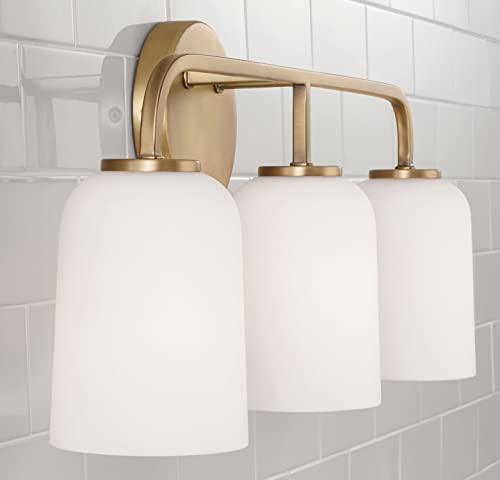 Image of HomePlace Lighting 148831AD-542 Lawson Transitional Soft White Glass Bell Vanity Light for Bathroom, 3-Light 300 Total Watts, 10 inch H x 24 inch W, Brass