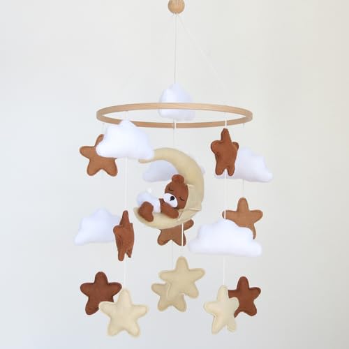 Image of Neutral Crib Mobile with Sleeping Bear Baby Mobile for Crib Handmade Felt Mobile Nursery Decor Baby Crib Mobile