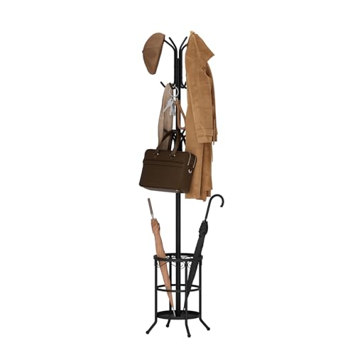 AUGOHCMIL Coat Rack Freestanding with Umbrella Holder Metal Hanger Stand Hall Tree with 12 Hooks Entryway Organizer for Hats Bags and Clothes (Black)
