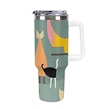DWTJKMS Gobelet en acier inoxydable à motif de chats d'art moderne du milieu du siècle, anti-fuite, de grande capacité avec poignée et paille, gobelet isotherme à double paroi sous vide, réutilisable