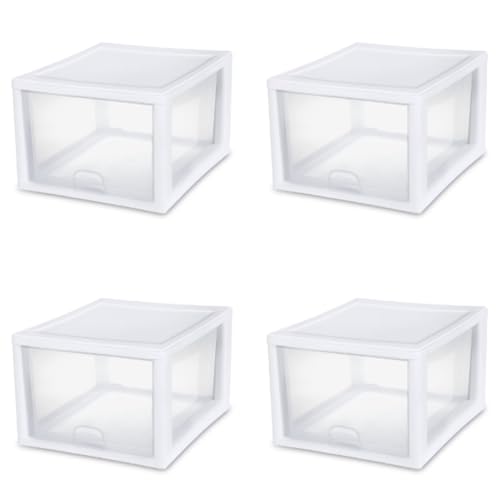 Image of Sterilite 27 Qt Stacking Drawer, Clear Plastic Storage Organizer, 4 Pack | White Frame, Stackable Modular Clear Plastic Drawers & Containers for Clothing, Accessories, Craft Supplies, Shoes or Linens