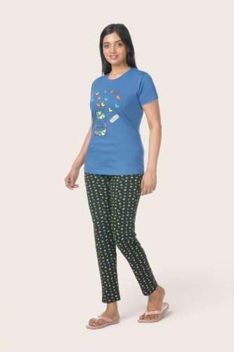Image of Fly Birds Women Pure Cotton Tshirt and Pyjama AOP Set