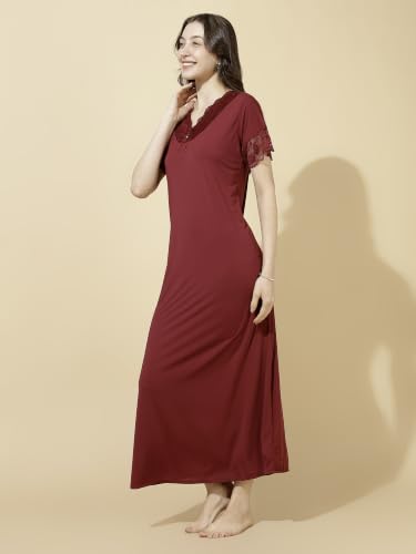 Image of 9shines Label Stylish Soft Modal Maxi Nighty | Honeymoon Nighty | Full Length Trendy Nightgown | V-Neck Lace | Premium Nightdress | Soft Long Nightdress | Maxi Gown Nightwear for Women (Malai Satin)