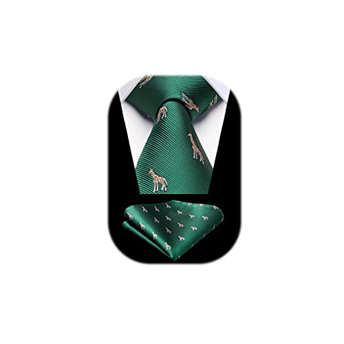 HISDERN Corbatas Verde Hombre y Pañuelo Corbata con Motivo Jirafa Modernas Conjunto Corbatas Elegante Boda